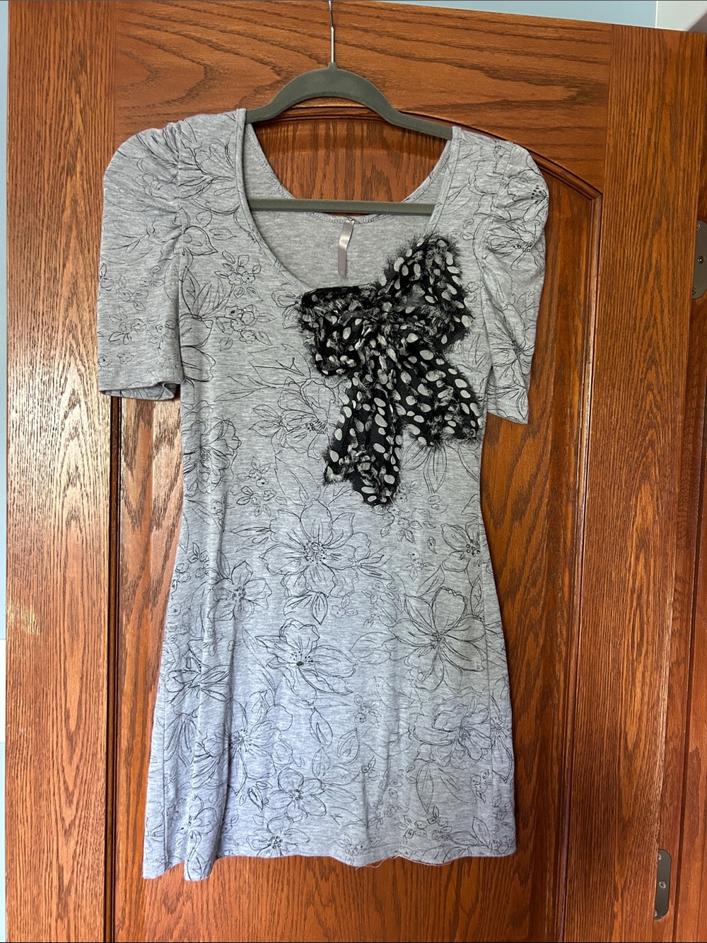 Gray Floral Knit Dress with Black Polka Bow
